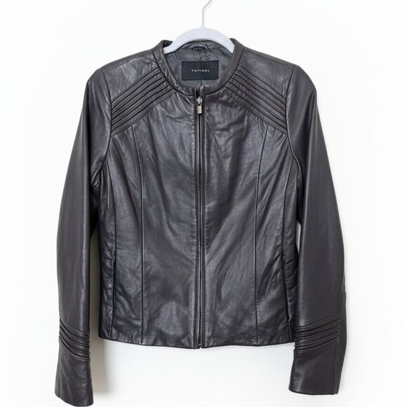 Tahari Dark Brown Genuine Leather Moto Jacket Women’s Medium – Zip Front - Picture 2 of 7